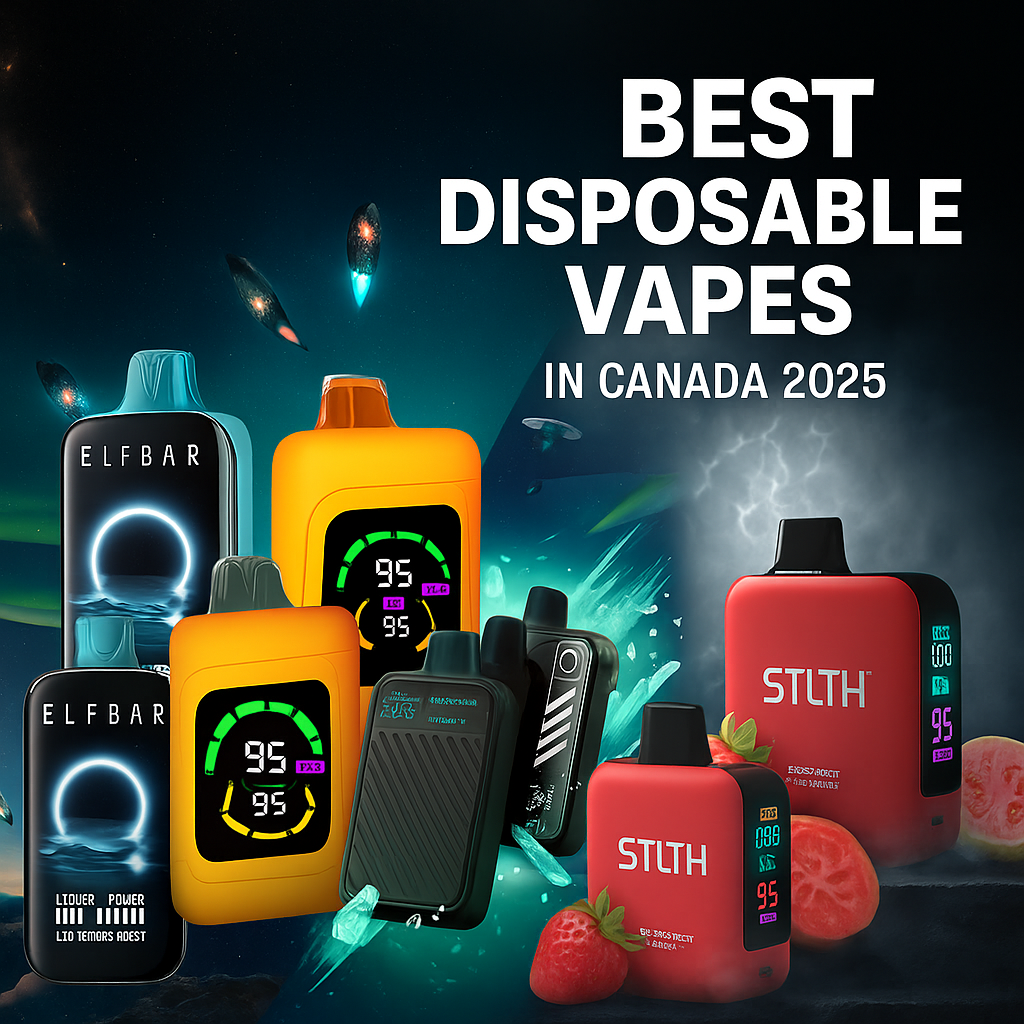 Promotional banner featuring the top 5 best disposable vapes in Canada for 2025: Elf Bar MoonNight, STLTH 60K, Flavour Beast Mode Max 2, STLTH x Geek Bar, and STLTH Titan Max, set against a futuristic cosmic backdrop with icy and smoky effects