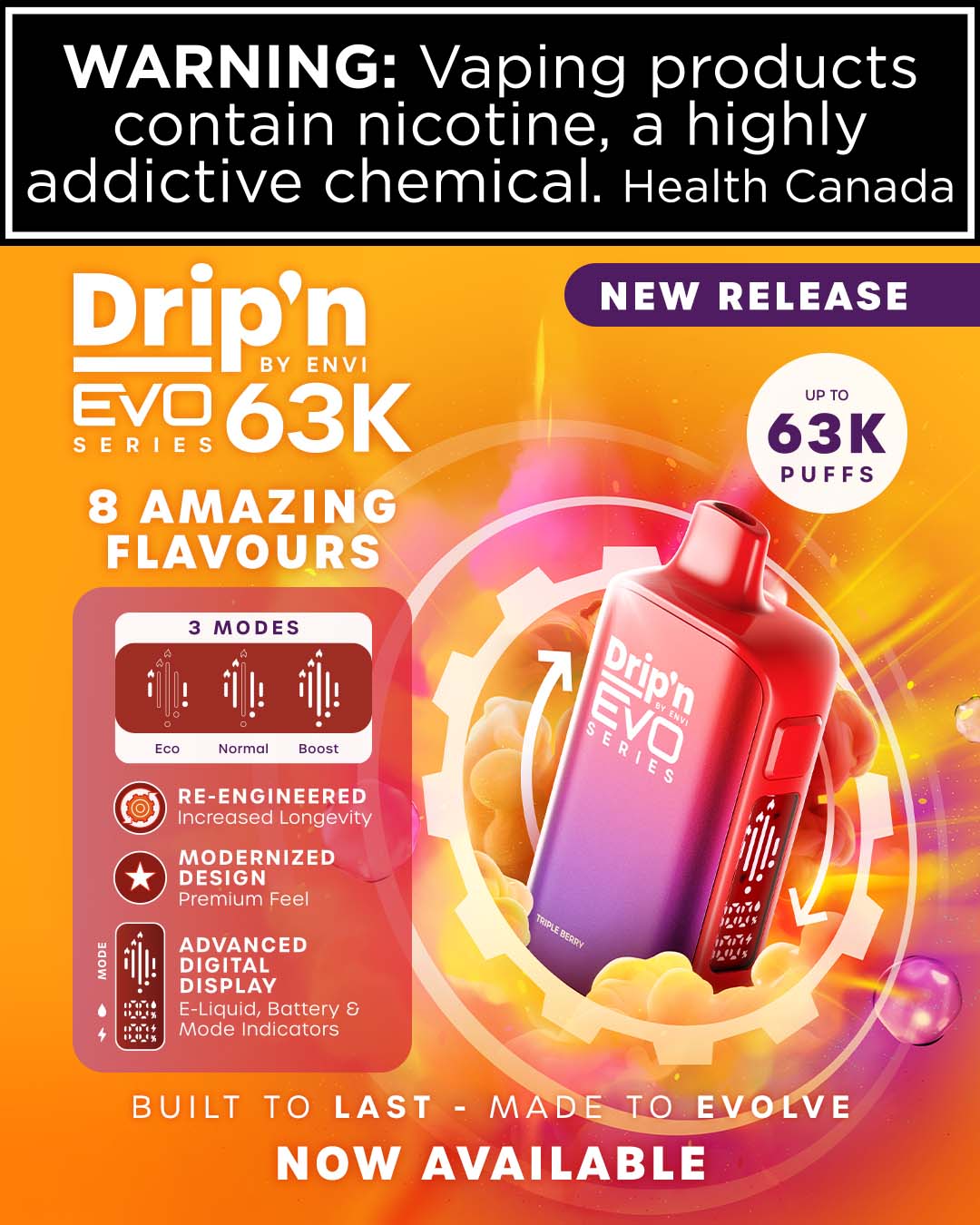 Drip’n EVO 63K disposable vape device with sleek rectangular body and digital screen showing battery, e-liquid and mode indicators, positioned as the EVO 28K upgrade.