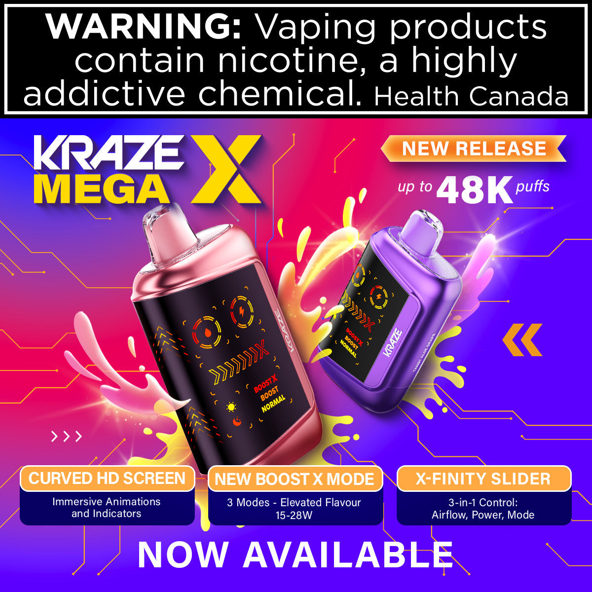 Kraze Mega X disposable vape with curved HD display showing power, battery and puff indicators, highlighting key specs and 48K puffs.