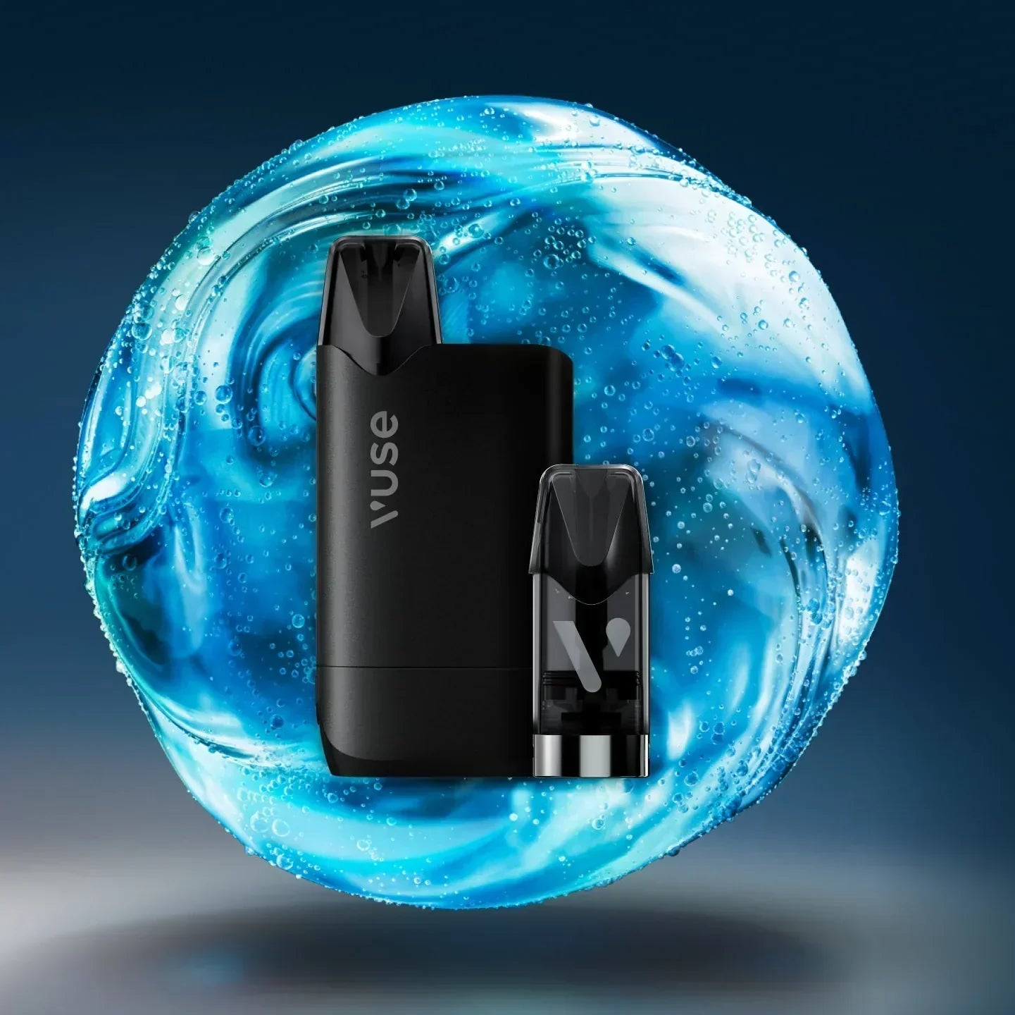 Vuse Pro One Ready-to-Vape Kit with device and box displayed against a liquid swirl background.