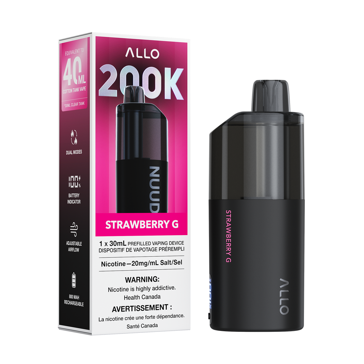 Allo Nuud 200K Disposable Vape 30mL in Strawberry G flavour | Supa Vapes Canada