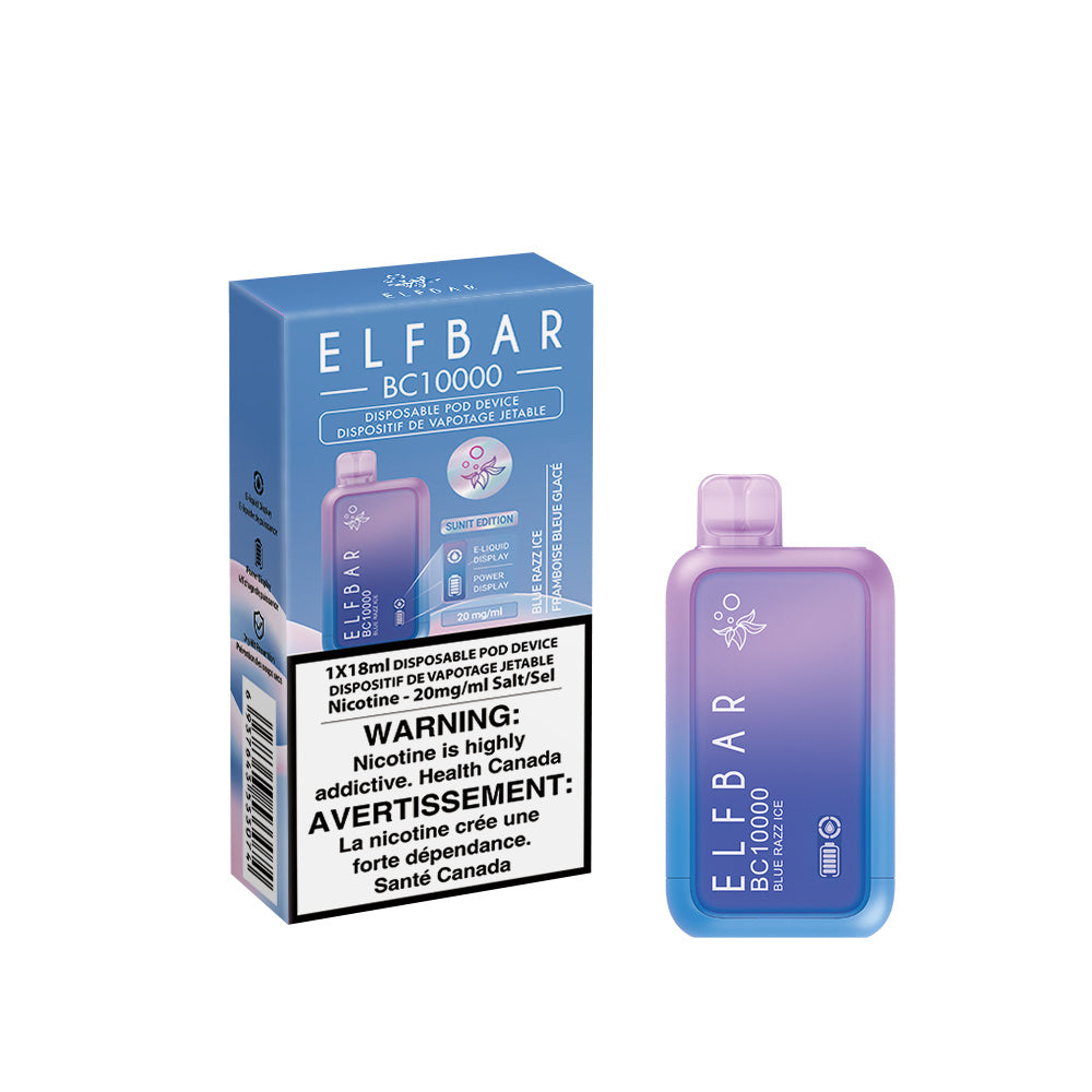 Elf Bar disposable vape device packaging with warning label on a white background. BC10000-Blue-Razz-Ice