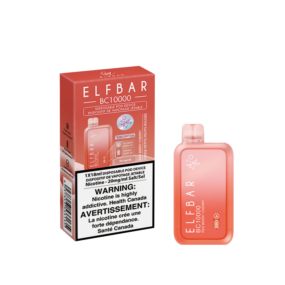Elf Bar disposable vape device packaging on a white background. BC10000-Red-Berry-Cherry
