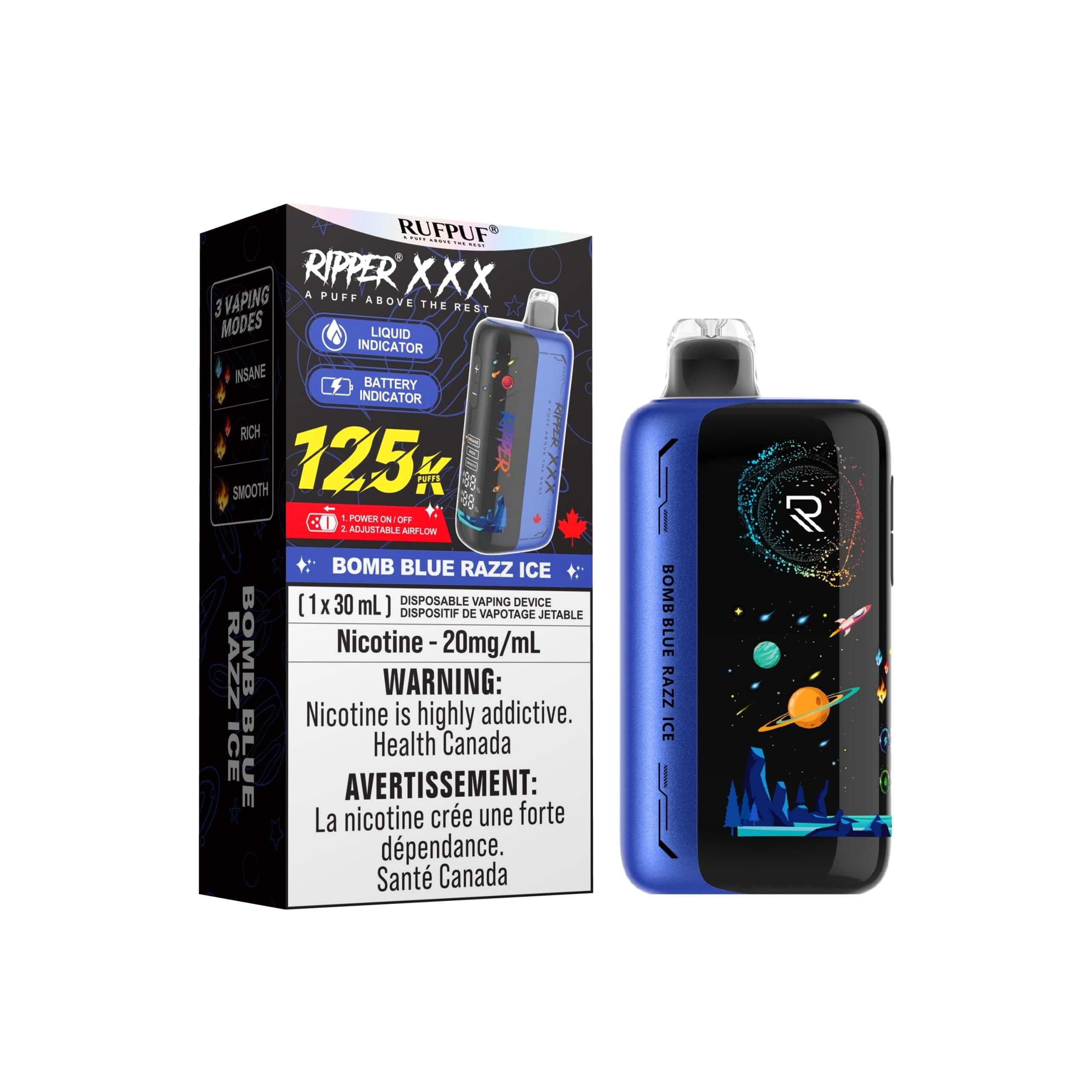 Ripper XXX 125K Disposable Vape with Bomb Blue Razz Ice flavor and 30mL e-liquid capacity