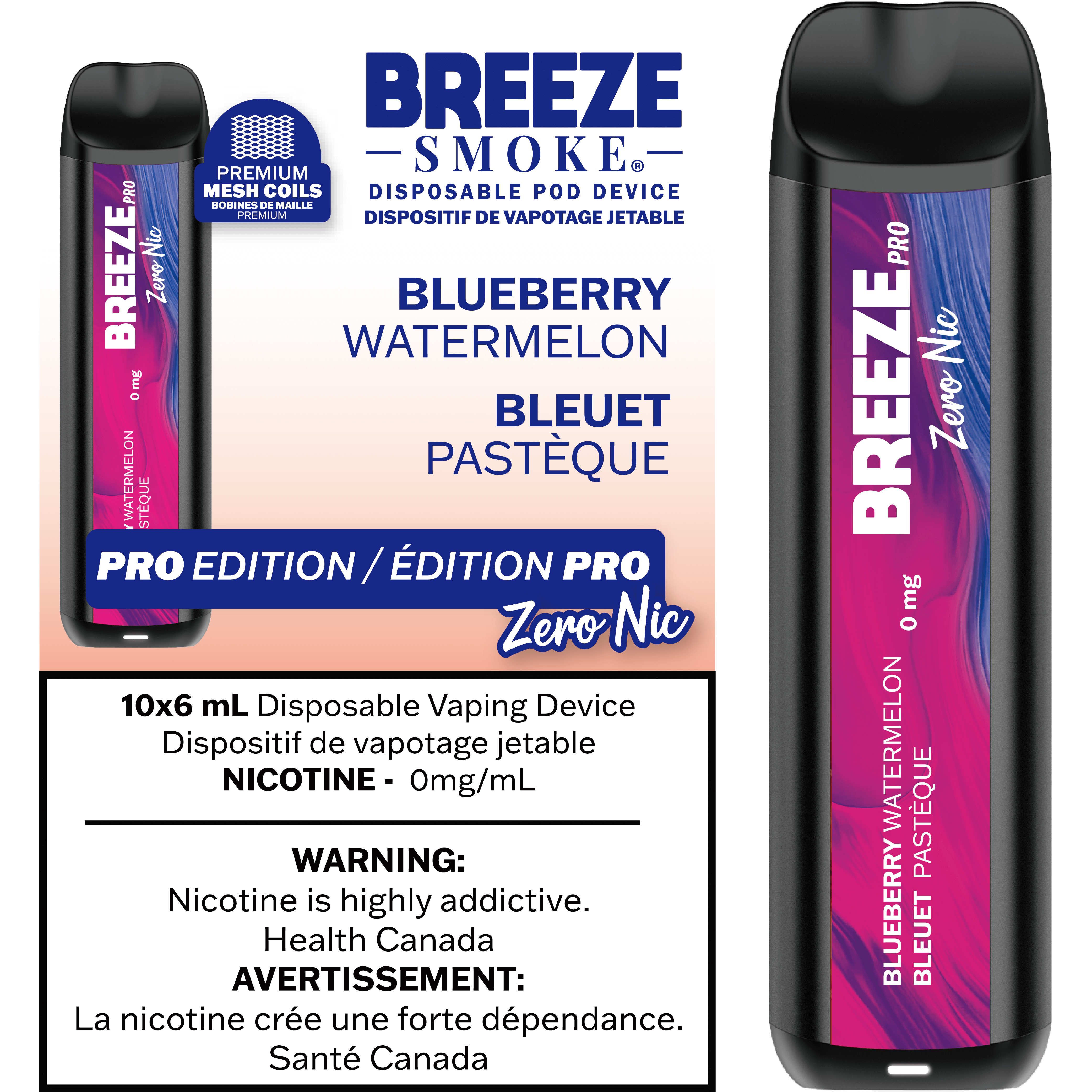 Breeze PRO 0MG, Cherry Lemon flavour, nicotine-free disposable vape with up to 2,000 puffs, built-in 1,000mAh battery and enhanced mesh coil for smooth hits in Ontario and Quebec.