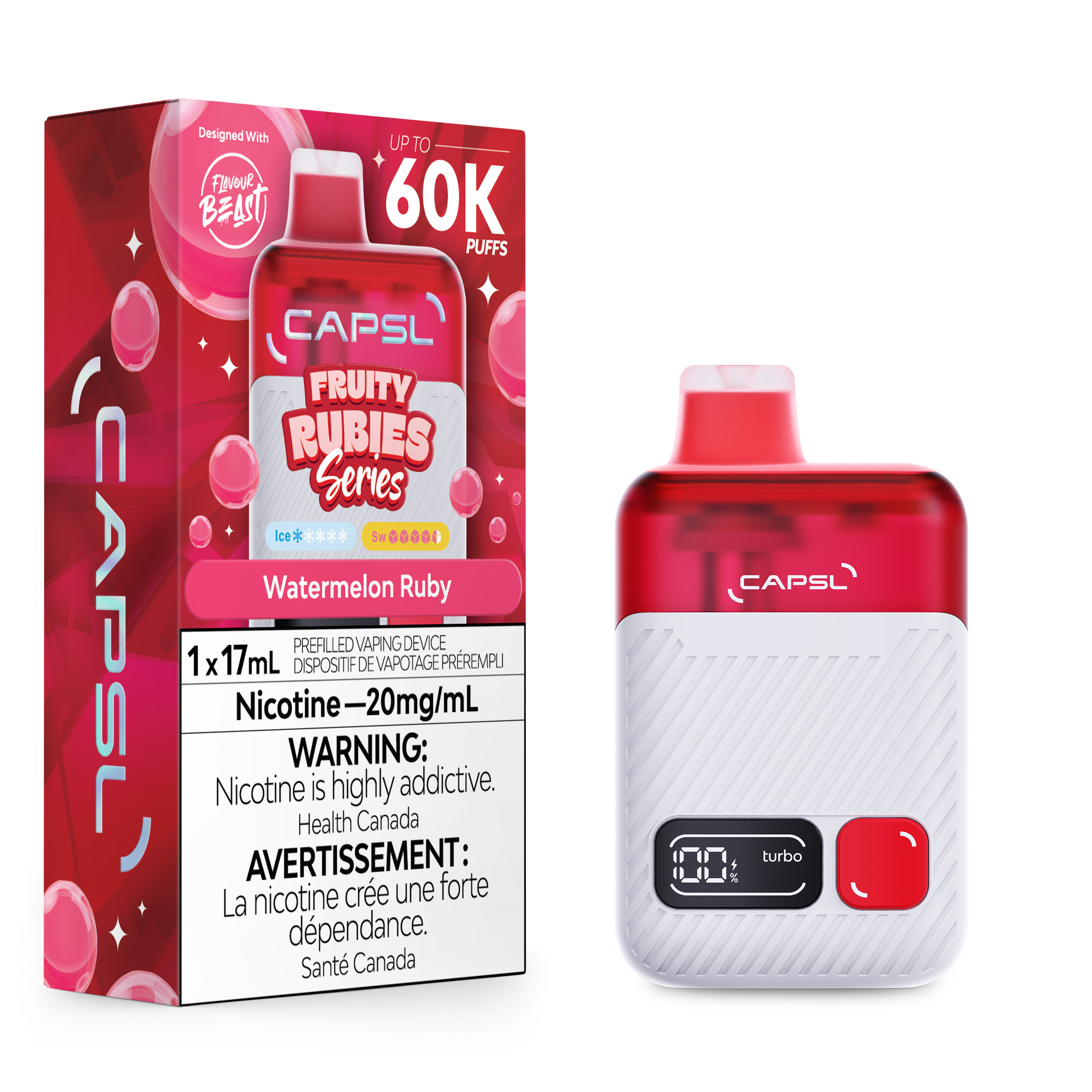 CAPSL vape device and packaging with watermelon ruby flavor on a white background