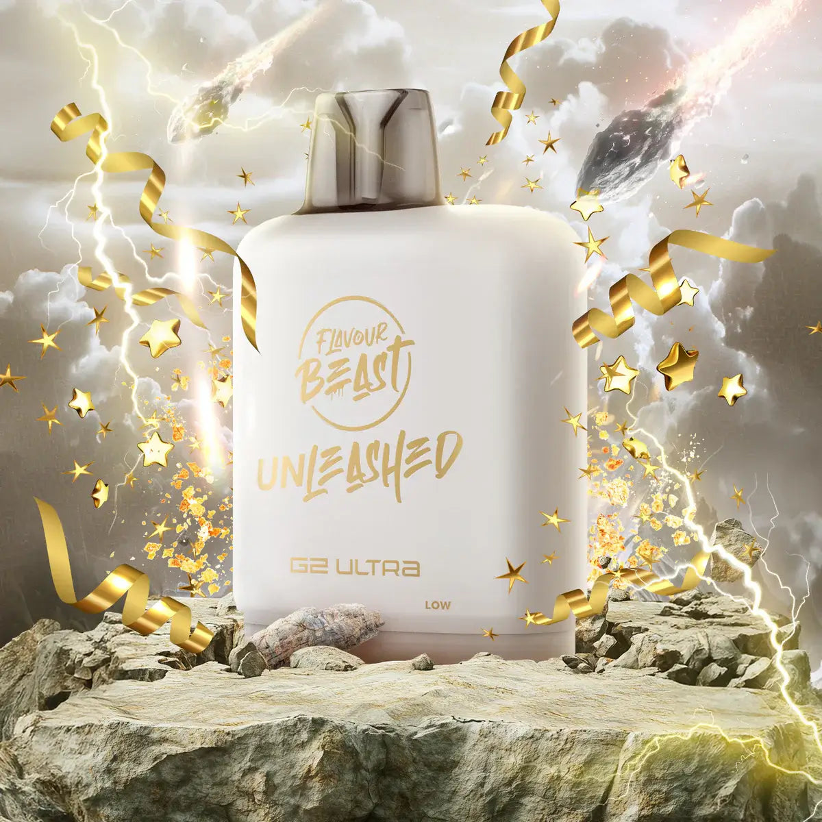 Flavour Beast Level X Unleashed Ultra G2 Pods on a rocky surface with magical effects.