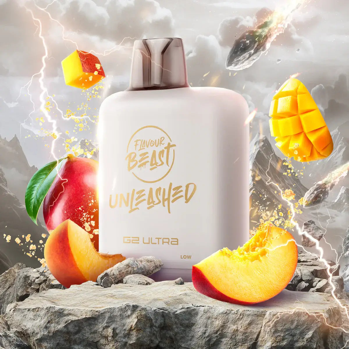 Flavour Beast Level X Unleashed Ultra G2 Pods displayed with fruits and vibrant effects