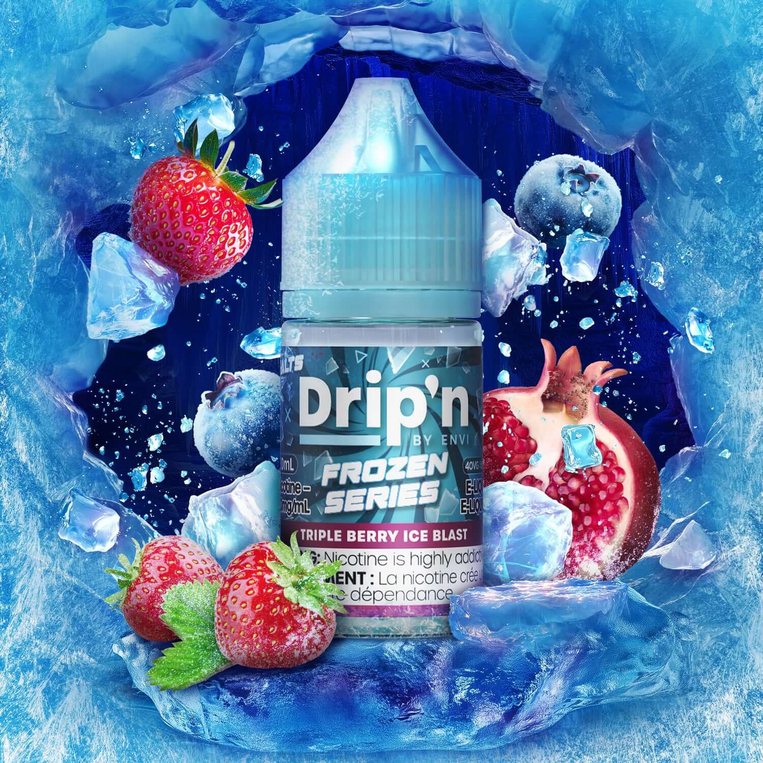 DRIP'N by Envi Frozen Series Salt 30mL, Triple Berry Ice Blast flavour vape juice with salt nicotine, intense icy cool hit, perfect for Ontario and Quebec vapers.