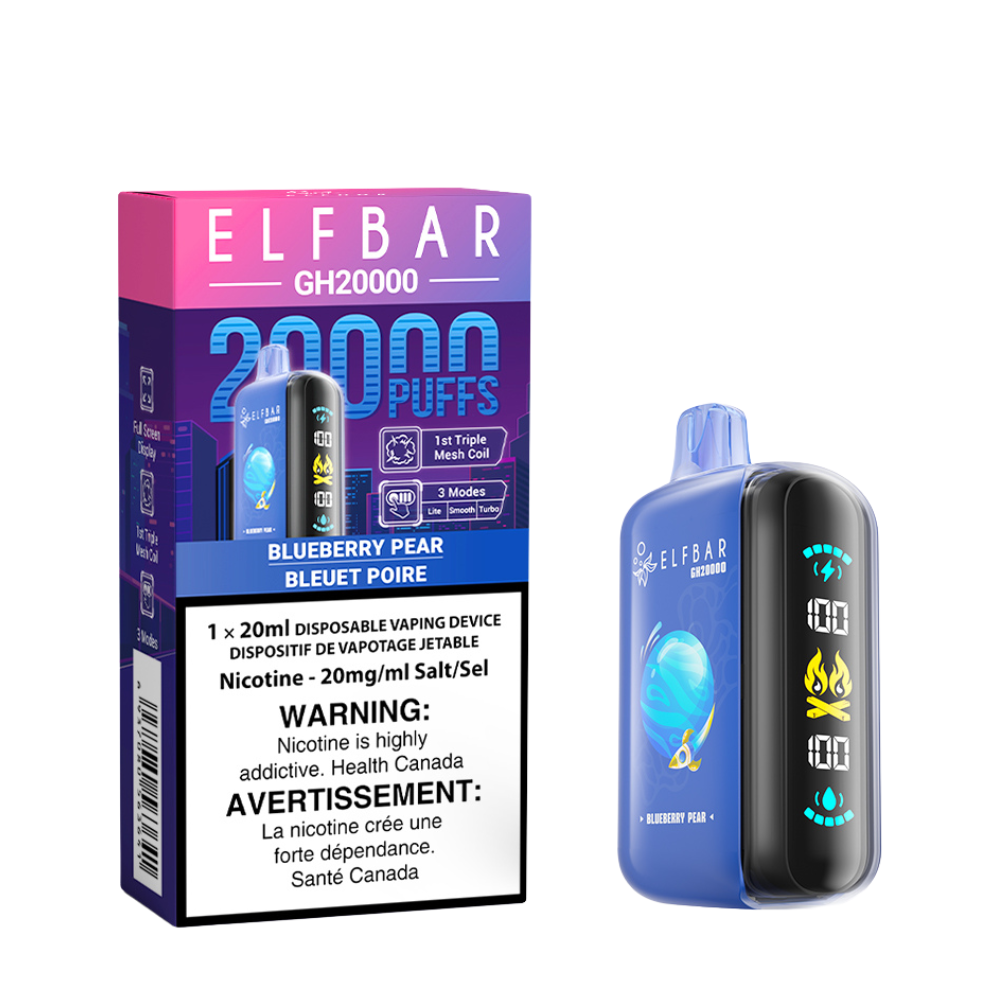 Elf Bar GH20K Disposable Vape, Sour Blueberry Lemon flavour, sweet and tangy premium e-liquid, refreshing disposable vape ideal for Ontario and Quebec users.