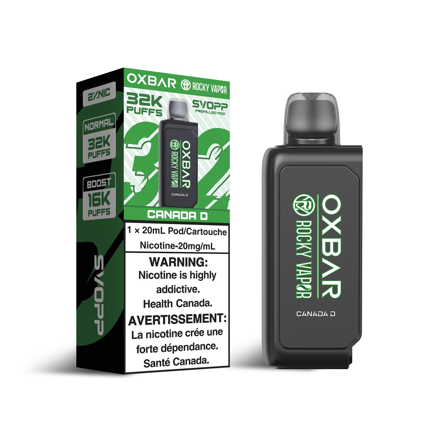 SVOPP Rocky Vapor OXBAR 32K, Super Sour flavour, up to 32,000 puffs, adjustable airflow, dual mesh coil technology for intense flavor and vapor, ideal for Ontario and Quebec vapers.