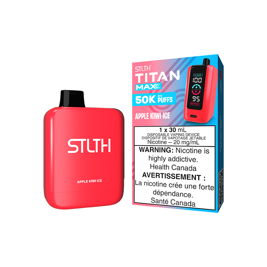 STLTH Titan MAX 50K disposable vape, Apple Kiwi Ice flavour, quad mesh coil, adjustable airflow, 30mL e-liquid, USB-C charging, ideal for Ontario and Quebec vapers.