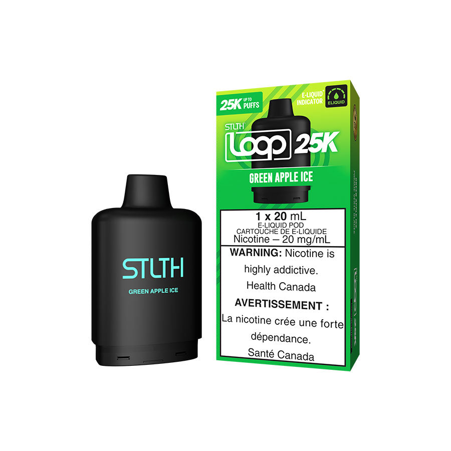 STLTH Loop 25K, Coconut Razz Ice flavour, rechargeable vape device with up to 25,000 puffs and USB-C fast charging, designed for vapers in Ontario and Quebec.