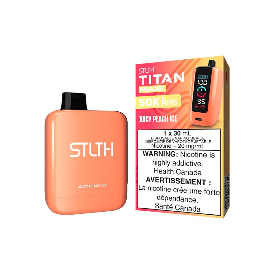 STLTH Titan MAX 50K, Juicy Peach Ice flavour with quad mesh coil and adjustable airflow, smooth customizable vaping experience, ideal for vapers in Ontario and Quebec.