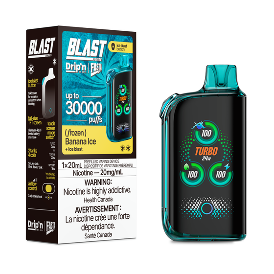DRIP'N Fasta Blast 30K, Banana Ice flavour, adjustable cooling and airflow for a smooth customized vape, ideal for Ontario and Quebec vapers.