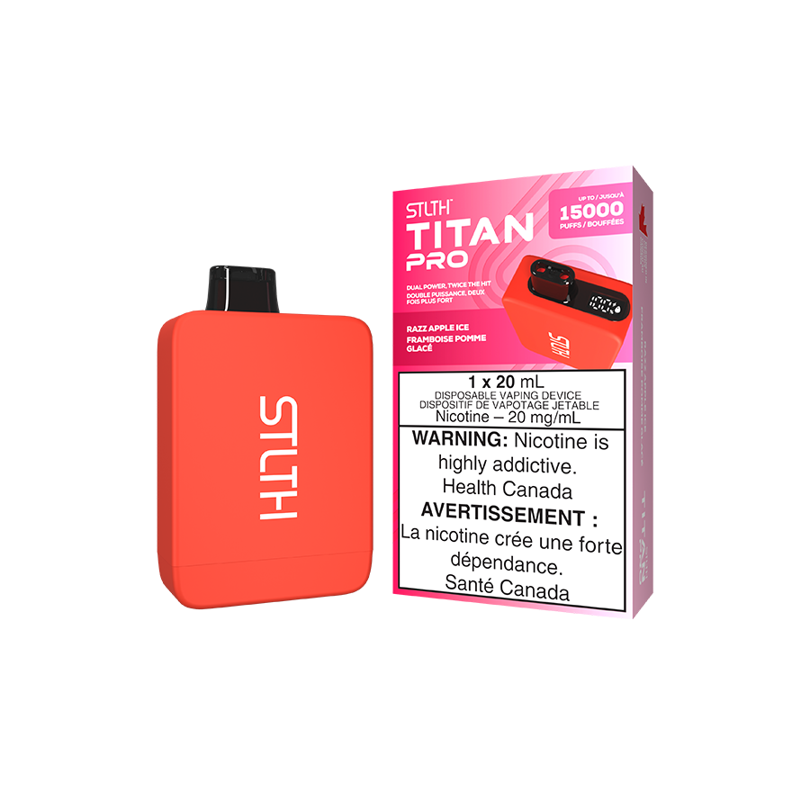 STLTH Titan PRO with Razz Apple Ice flavour, combining sweet raspberries and crisp apples with a smooth icy finish, designed for intense flavour and satisfying hits.
