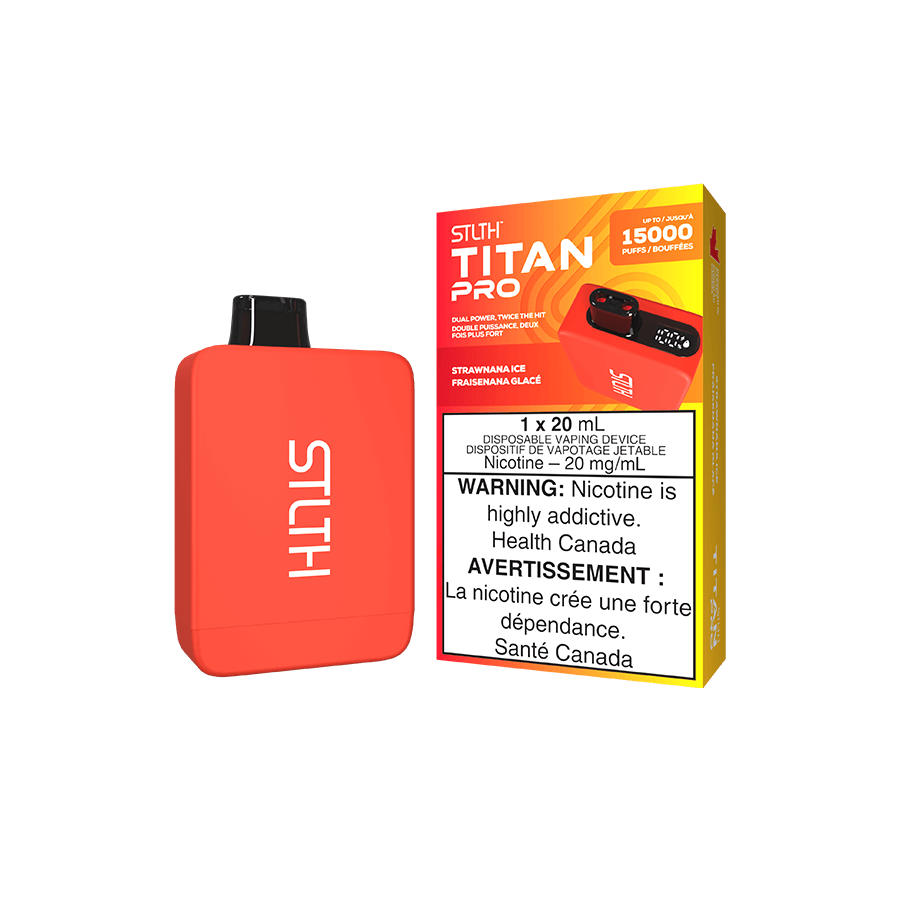 STLTH Titan PRO, Strawnana Ice flavour, 20mL e-liquid, dual mesh coils, rechargeable 900mAh battery, powerful and smooth vaping device ideal for Ontario and Quebec vapers.