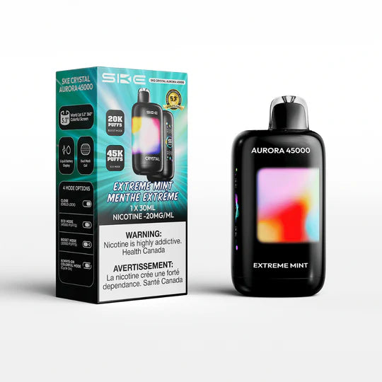 SKE AURORA 45K, Green Apple Ice flavour with intense tart apple and cool icy finish, powered by 850mAh battery and dual mesh coils for rich vapor and flavor.