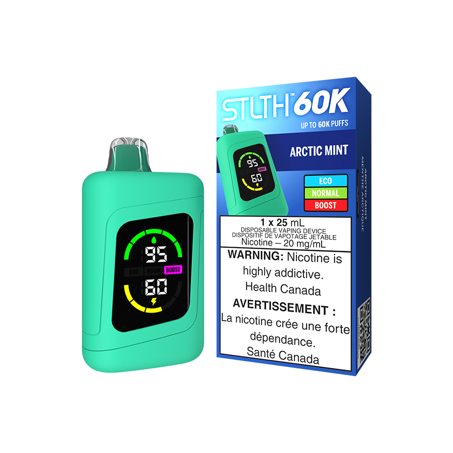 STLTH 60K, Arctic Mint flavour, smooth and refreshing vape with easy monitoring and quick USB Type-C recharge, ideal for Ontario and Quebec vapers.