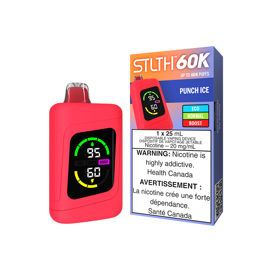 STLTH 60K, Punch Ice flavour, disposable vape with smooth and refreshing taste, fast charging and clear battery display, ideal for vapers in Ontario and Quebec.