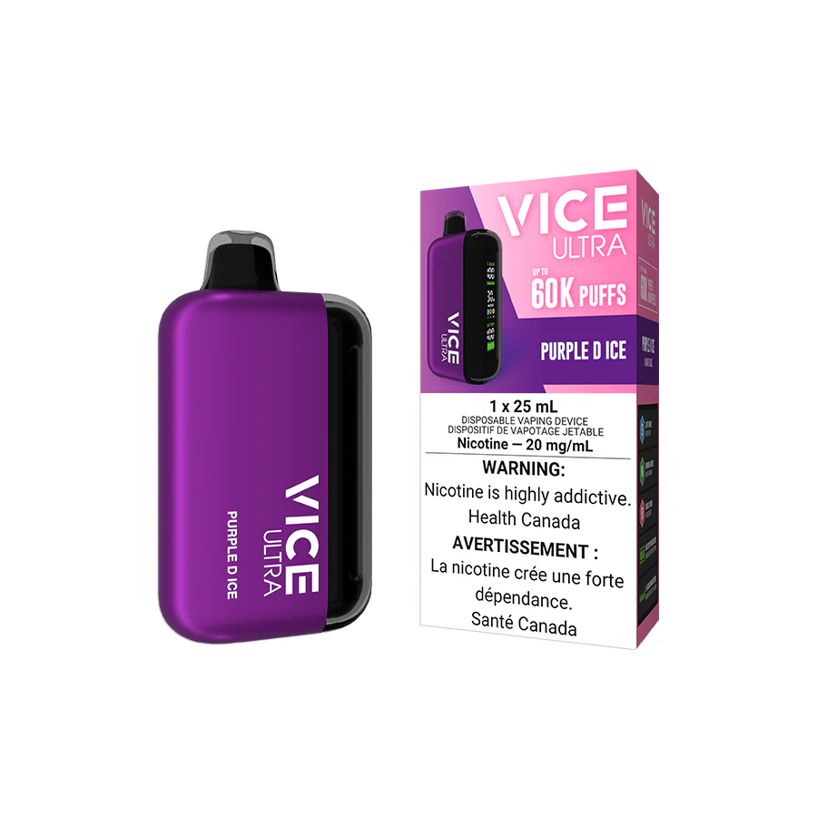 VICE Ultra, Purple D Ice flavour, adjustable output modes, USB Type-C rechargeable battery, designed for Ontario and Quebec vape enthusiasts.