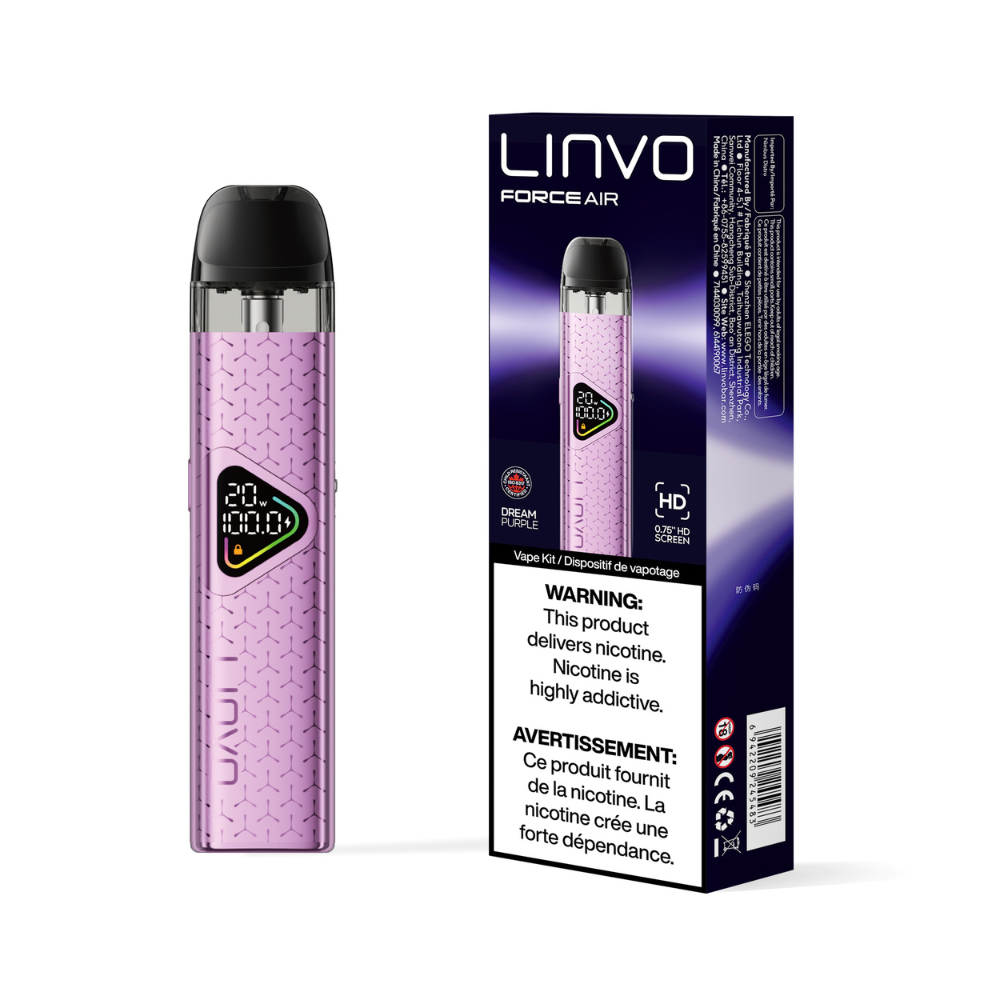LINVO Force Air vape device and packaging on a white background with Dream Purple color