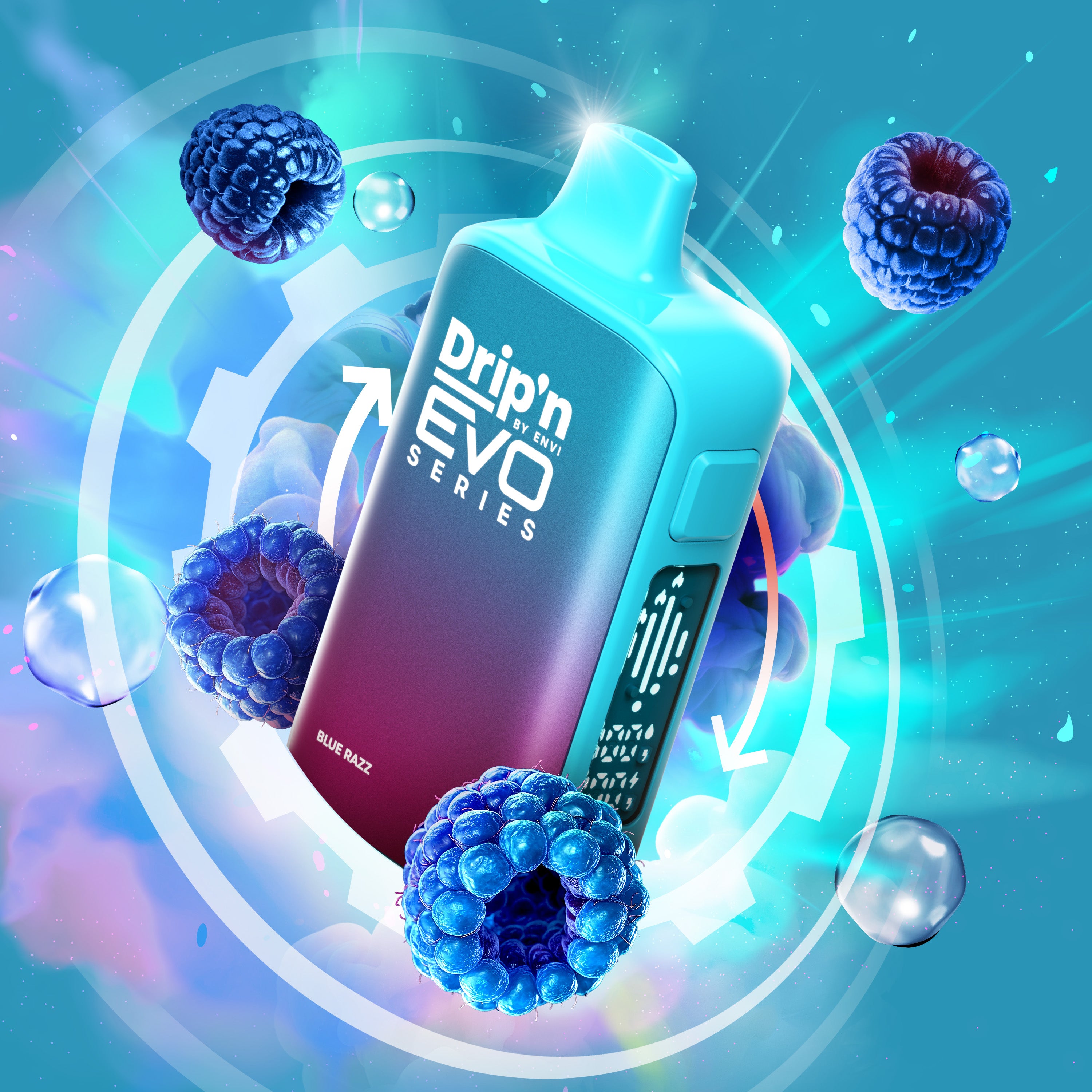 Dripn EVO 63K 20mg Blue Razz Drip'n EVO Series vape device surrounded by blueberries on a colorful background
