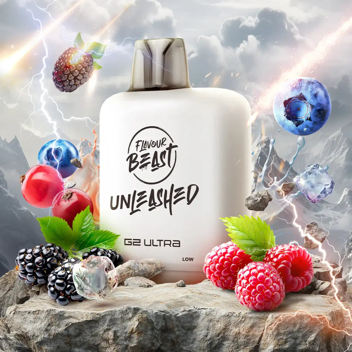 Flavour Beast Level X Unleashed Ultra G2 Pods with fruits and vibrant colors against a dramatic background.
