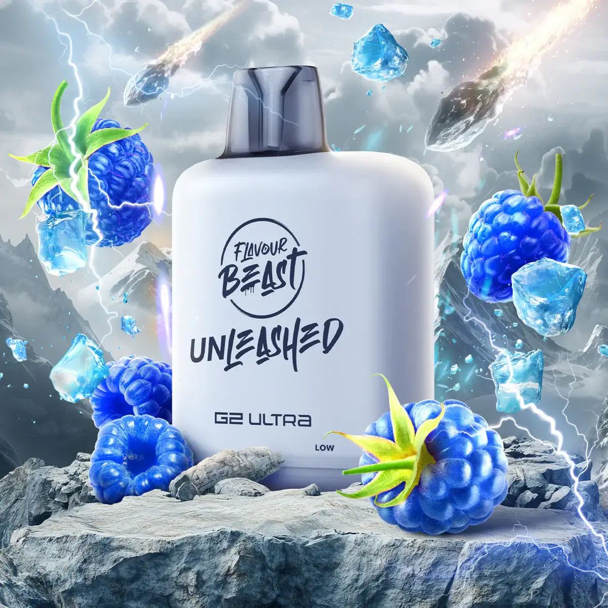 Flavour Beast Level X Unleashed Ultra G2 Pods with fresh berries and ice graphics in a dynamic background.