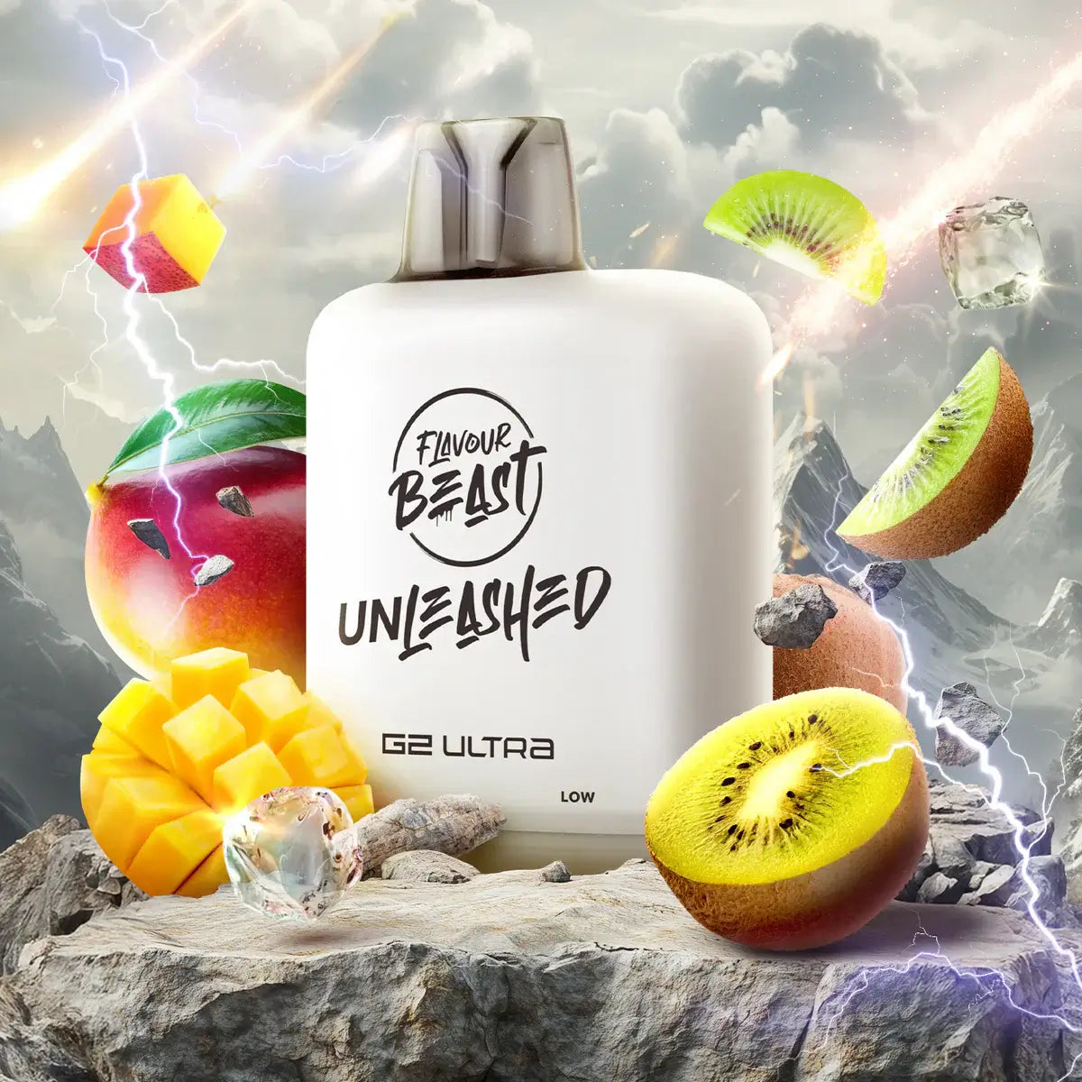 Flavour Beast Level X Unleashed G2 Ultra Pods with vibrant fruits and lightning effects on display.