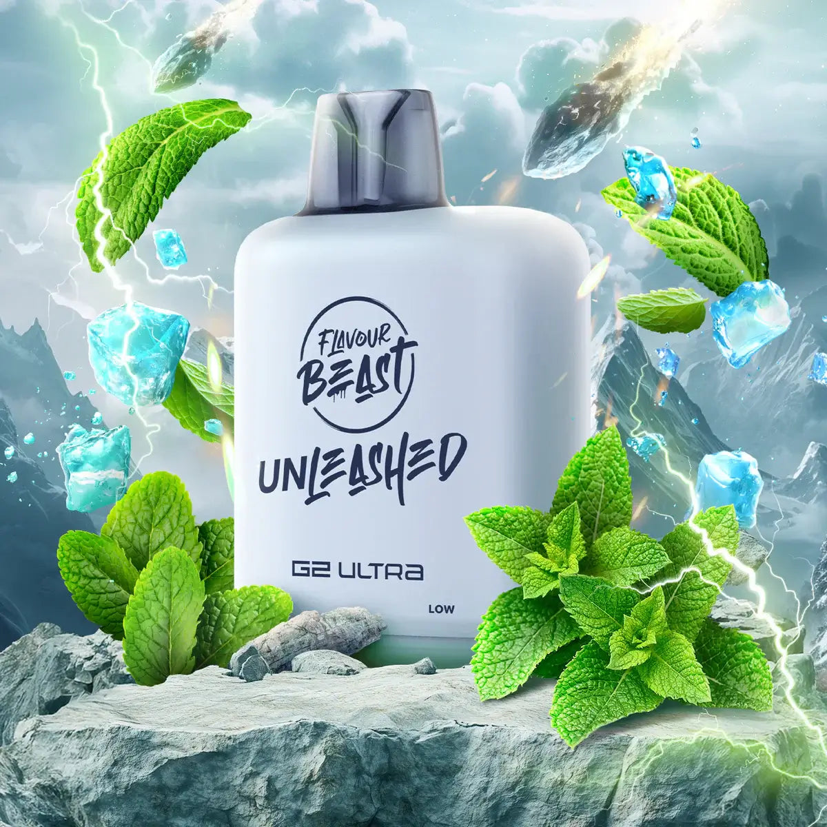 Flavour Beast Level X Unleashed G2 Ultra Pods with mint leaves and icy effects, highlighting freshness and flavor.
