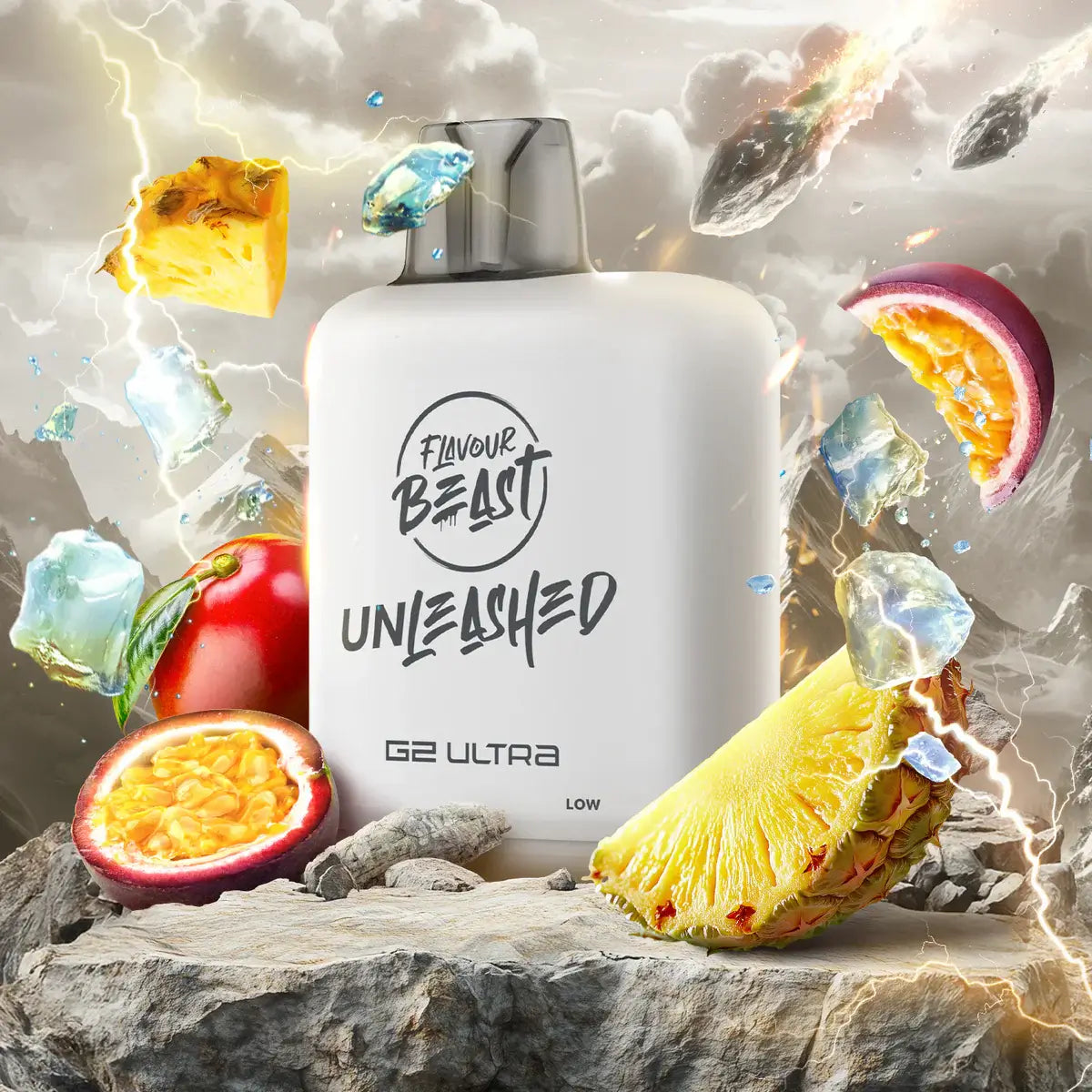 Flavour Beast Level X Unleashed Ultra G2 Pods with vibrant fruits and ice graphics, showcasing bold flavors and design.