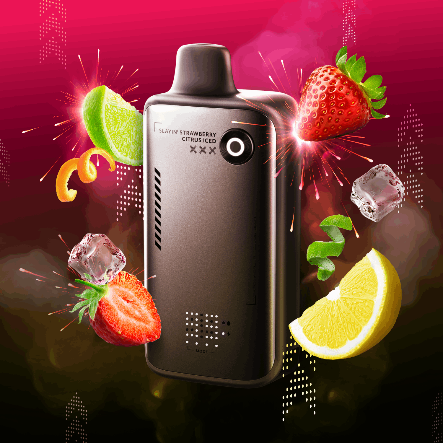 Flavor Beast ALPHA 20mg Slayin Strawberry Citrus Iced with strawberry, lime, and lemon graphics on a dark background