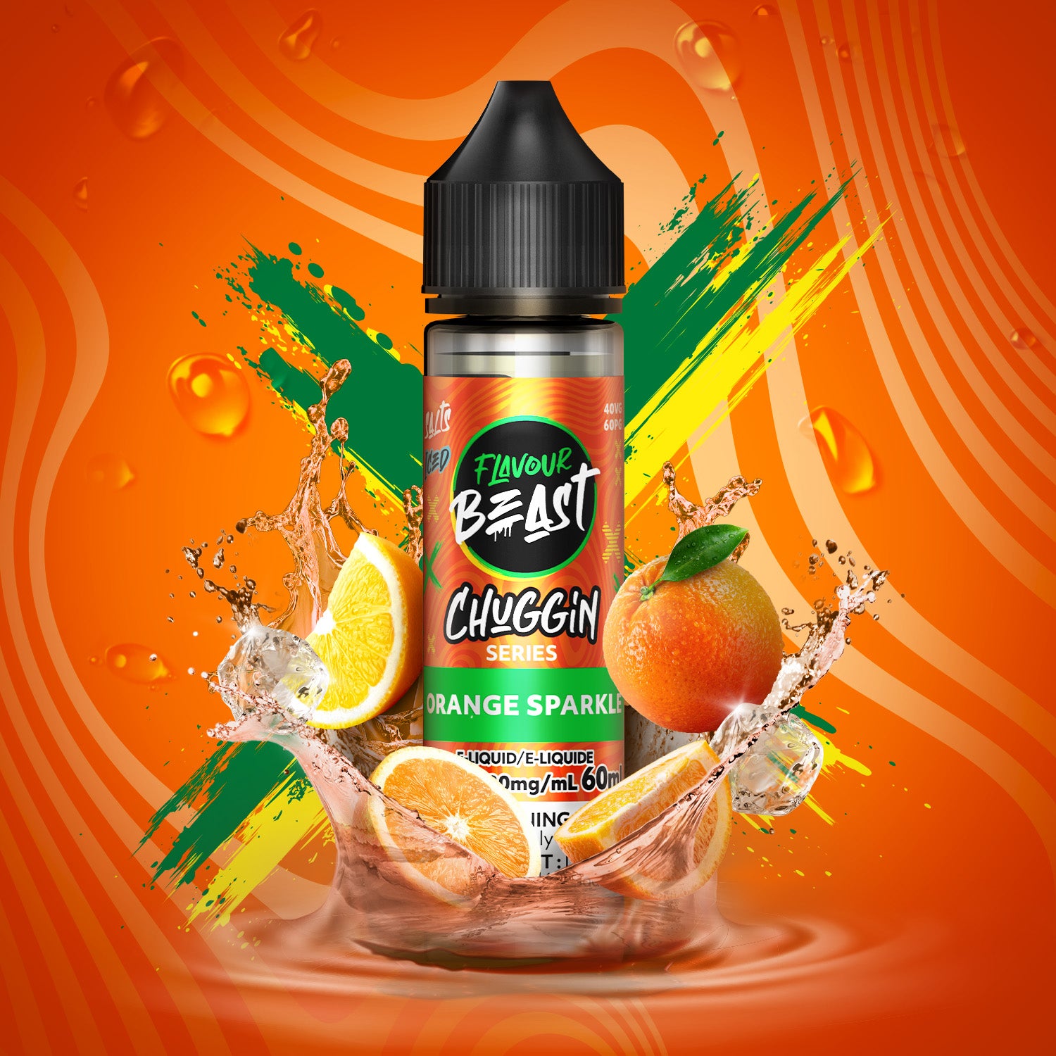 Flavour Beast Chuggin' Orange Sparkle vape juice bottle on an orange background with oranges and water splashes.