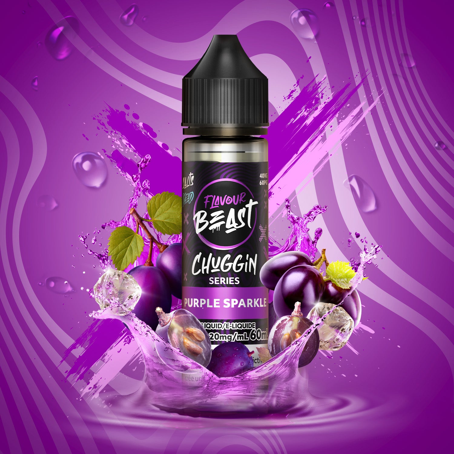 Flavour Beast Chuggin' Purple Sparkle vape juice bottle on a purple background with grape and ice elements.