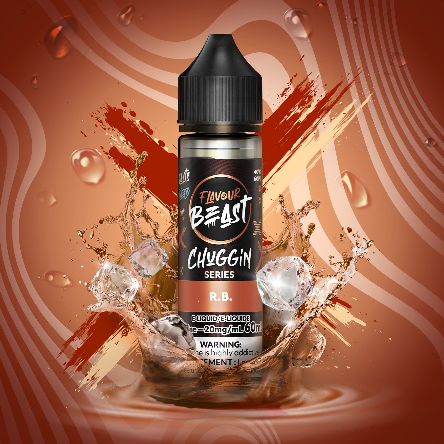 Flavour Beast Chuggin' Series R.B. vape juice bottle with ice cubes and liquid splashes on a brown background