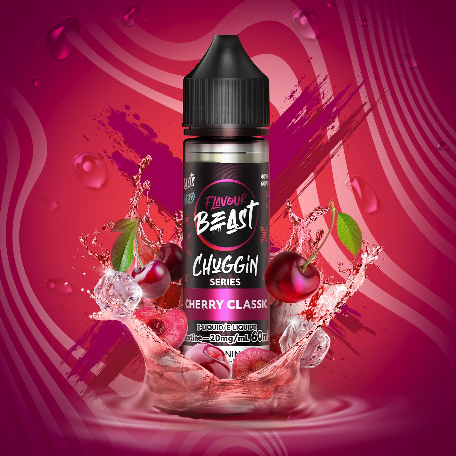 Flavour Beast Chuggin' Cherry Classic vape juice bottle on a vibrant pink background with cherry and leaf elements.