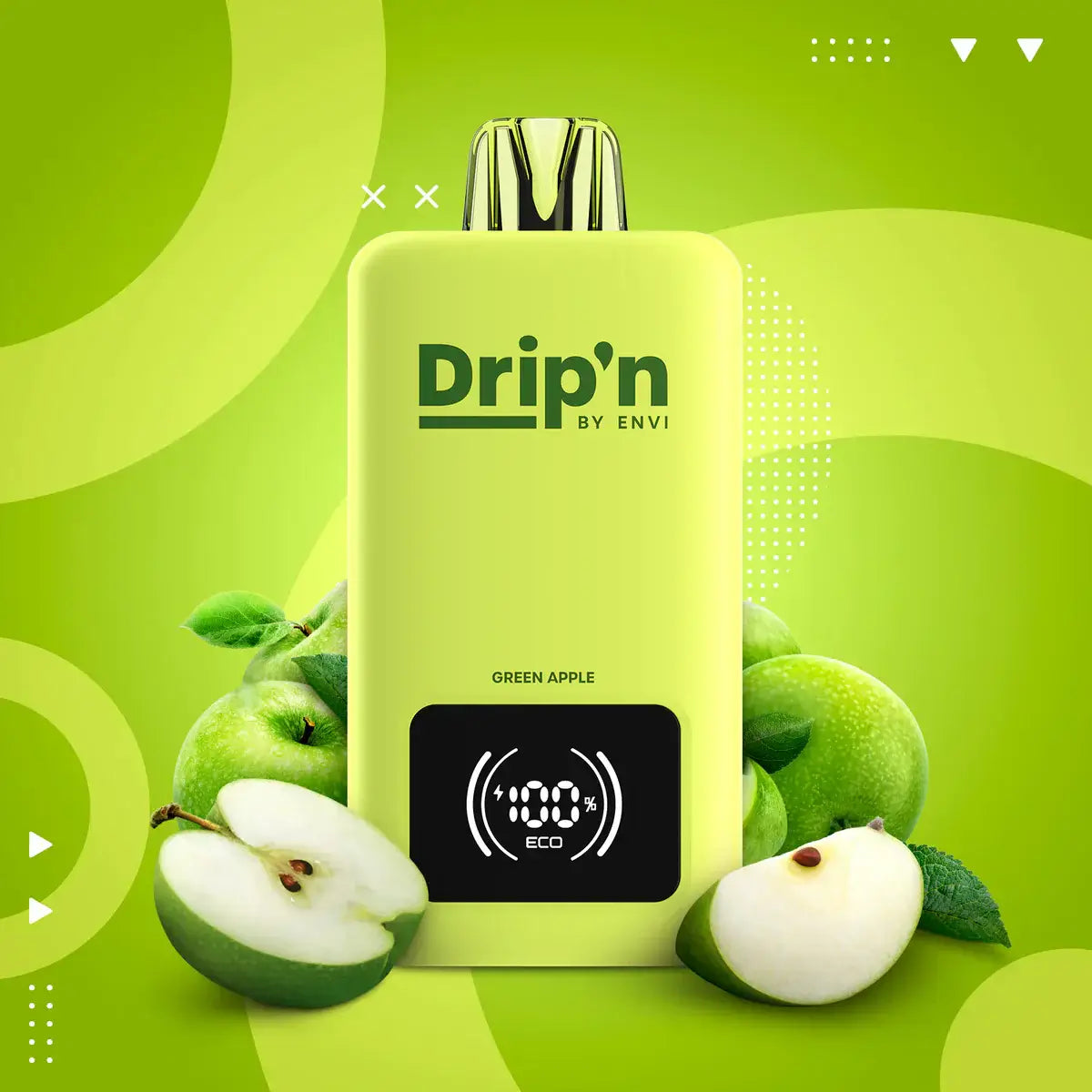DRIP'N by Envi 26mL Disposable with green apple flavor surrounded by fresh apples on a vibrant green background.