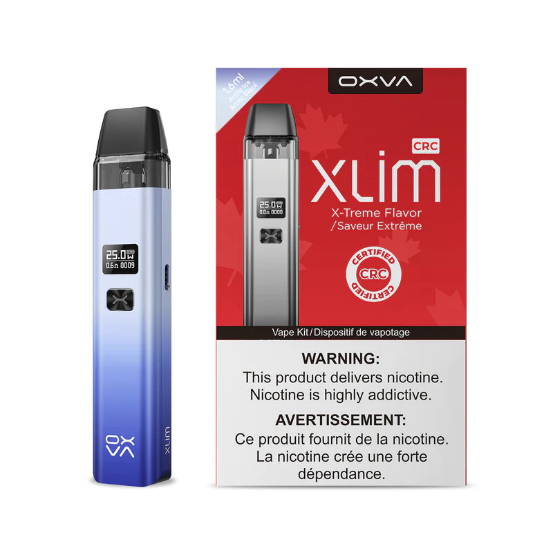 OXVA Xlim Arctic Ice pod system with 0.6Ω cartridge, 900mAh battery, adjustable airflow and wattage, ideal for Ontario and Quebec vapers.