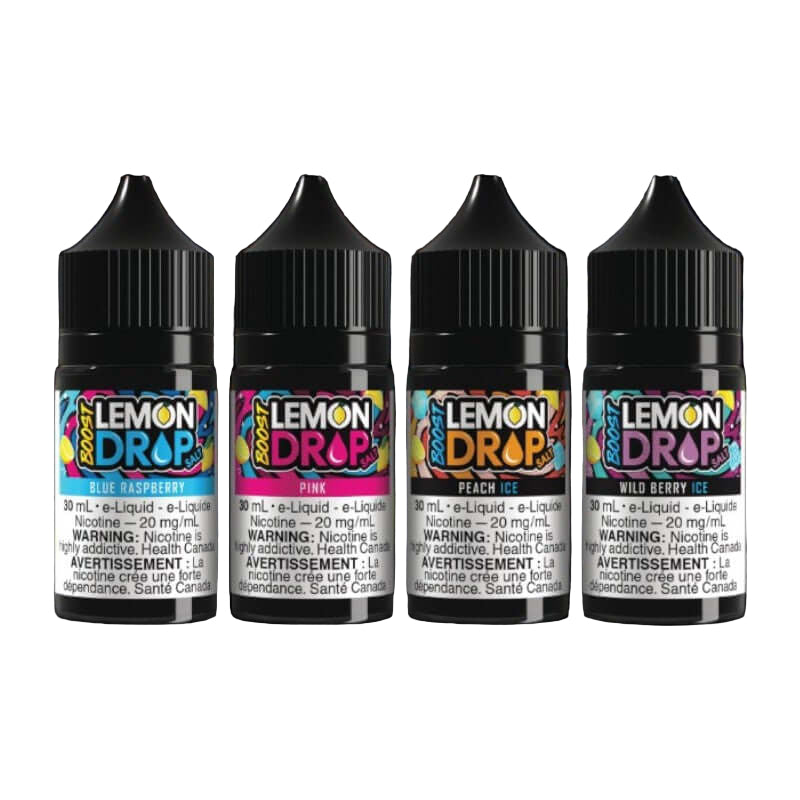 Lemon Drop Boost Salt 30 ML, Blue Raspberry flavour, refreshing sweet and tangy vape juice for smooth nicotine absorption, designed for Ontario and Quebec vapers.