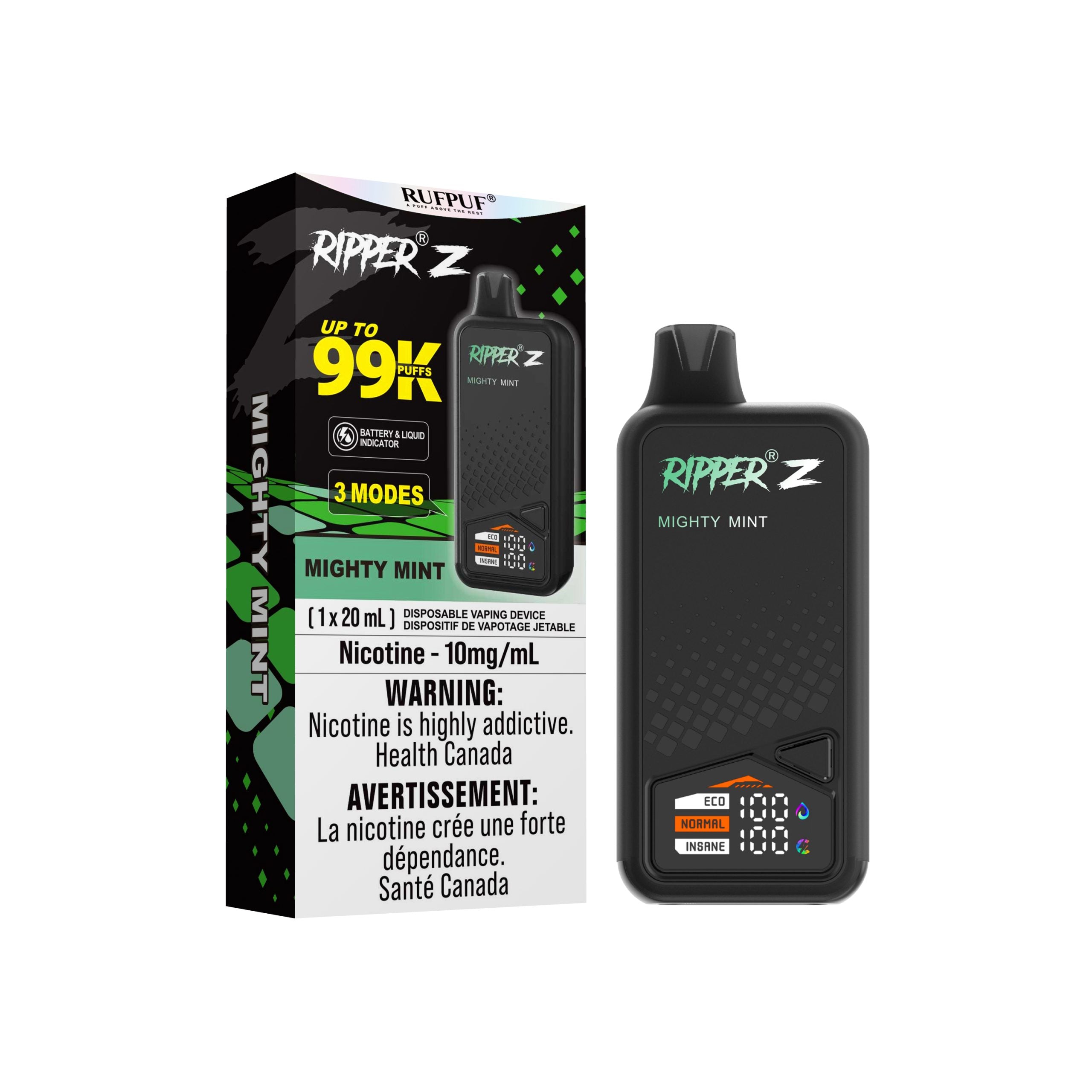 Ripper Z - 99K Disposable Vape with Mighty Mint flavor, featuring adjustable modes and 20ml capacity and 10mg nicotine.