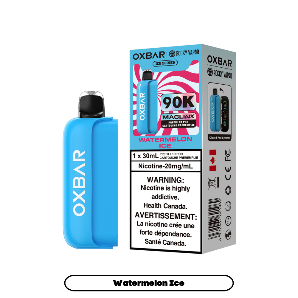 Megalink Oxbar X Rocky Vapor Prefilled Pod Watermelon Ice 90K on While Background