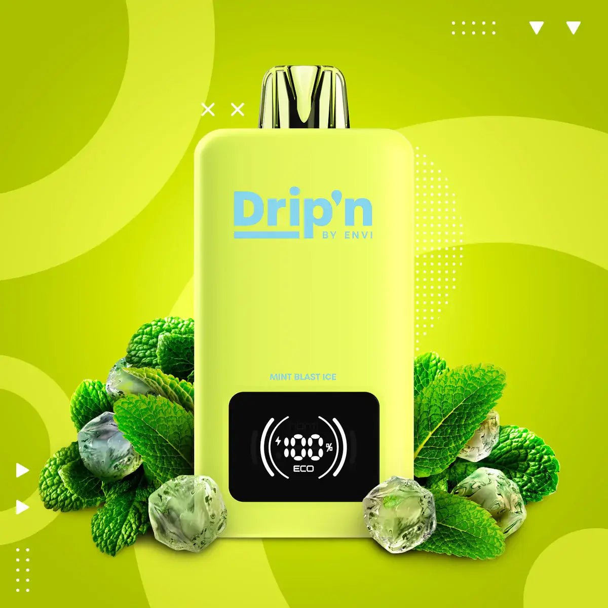 DRIP'N by Envi 26mL Disposable in mint flavor with eco mode, surrounded by mint leaves and ice.
