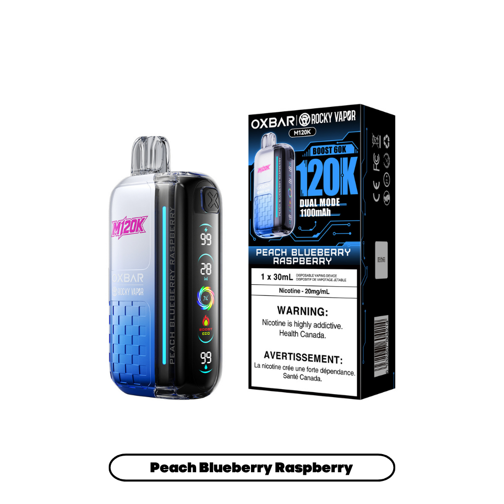 Rocky Vapor Oxbar M120K Disposable Vape in Peach Blueberry Raspberry flavour | Supa Vapes Canada