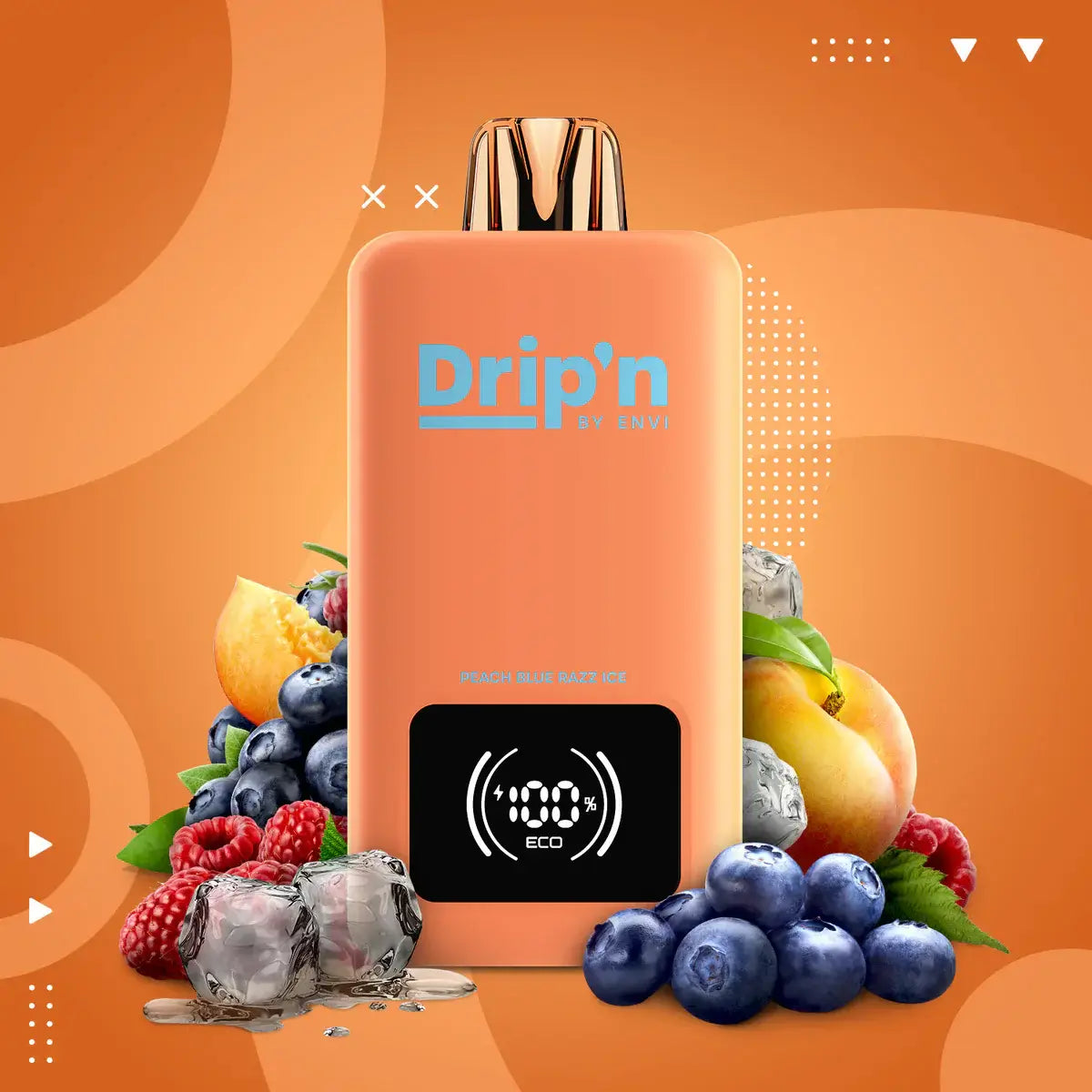 DRIP'N by Envi 26mL Disposable featuring Peach Blue Ice flavor with fruit and ice background.