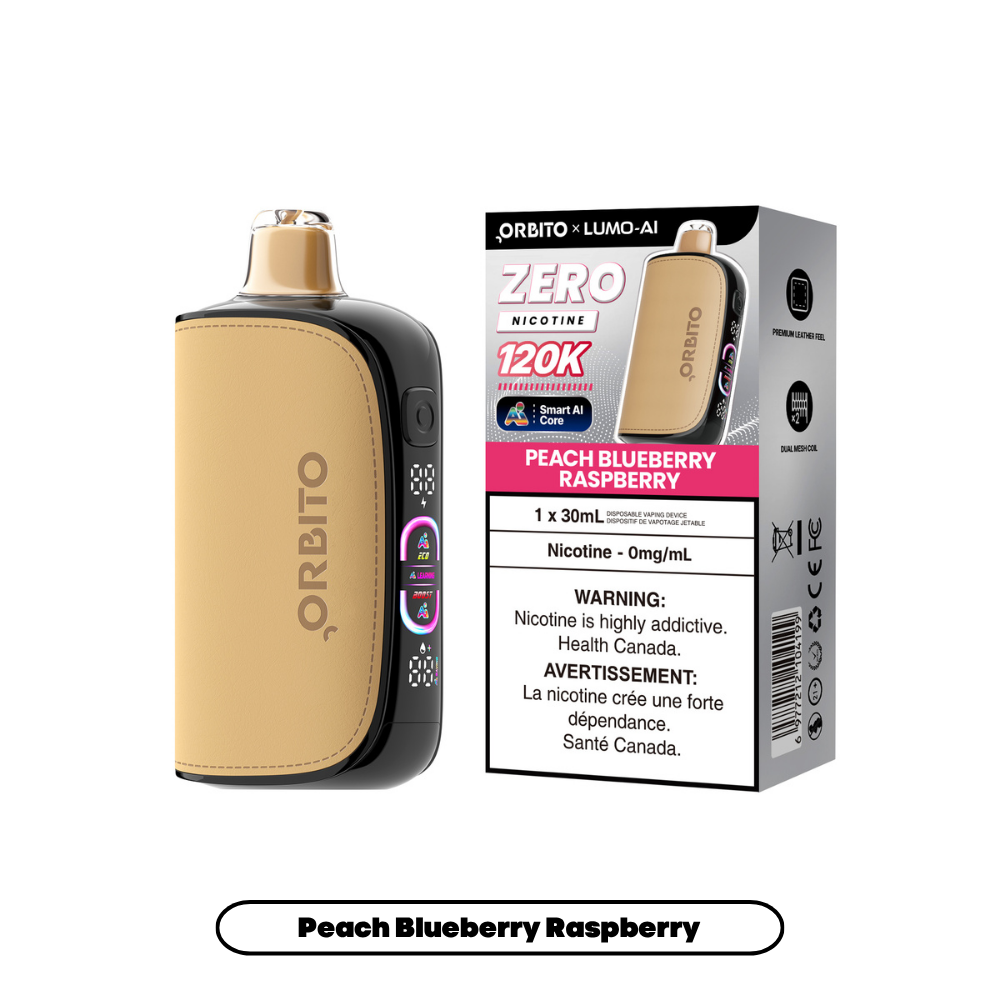 Orbito Lumo AI 120K Disposable Vape (0mg) in Peach Blueberry Raspberry flavour | Supa Vapes Canada