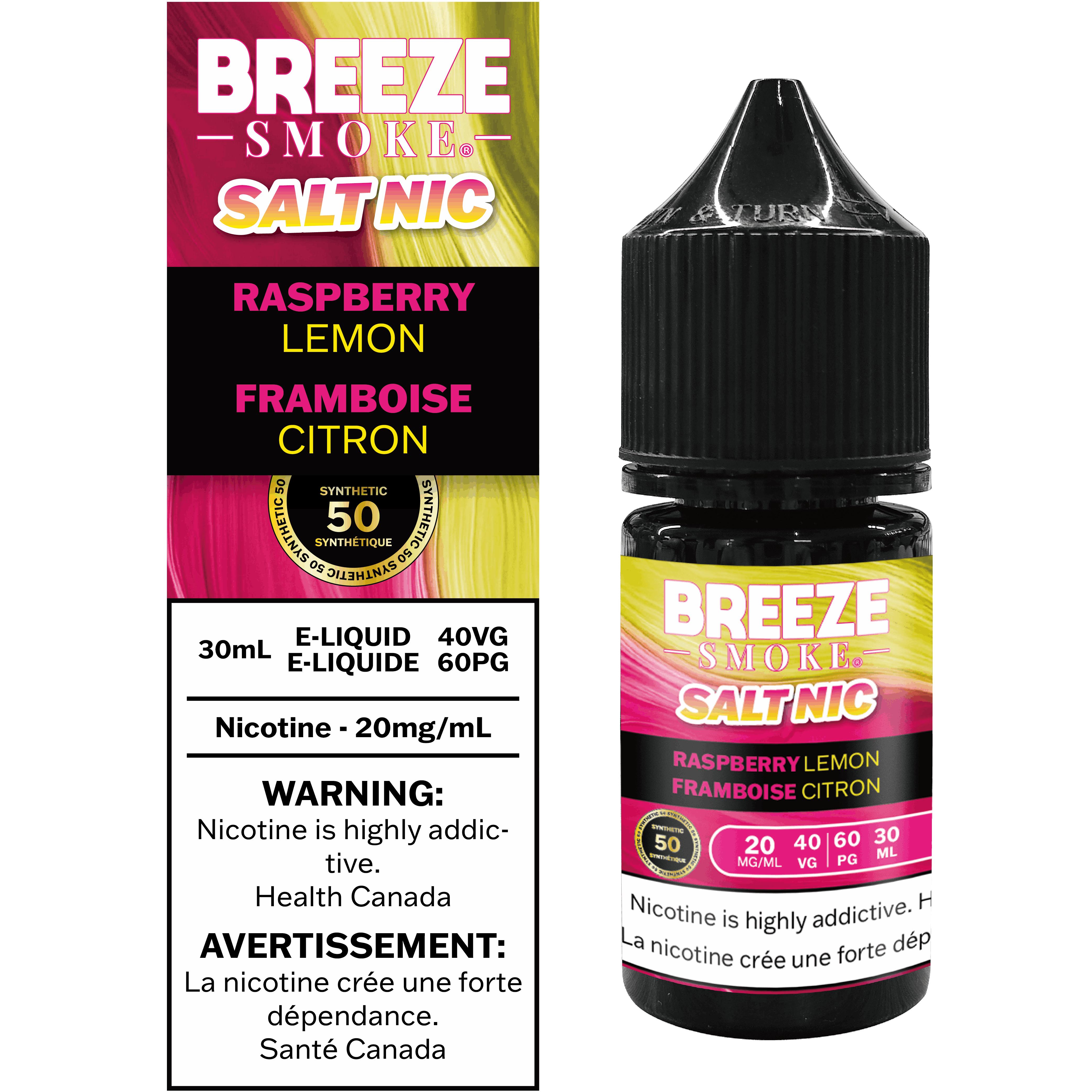 Breeze Smoke disposable vaping device packaging with raspberry lemon flavor on a white background