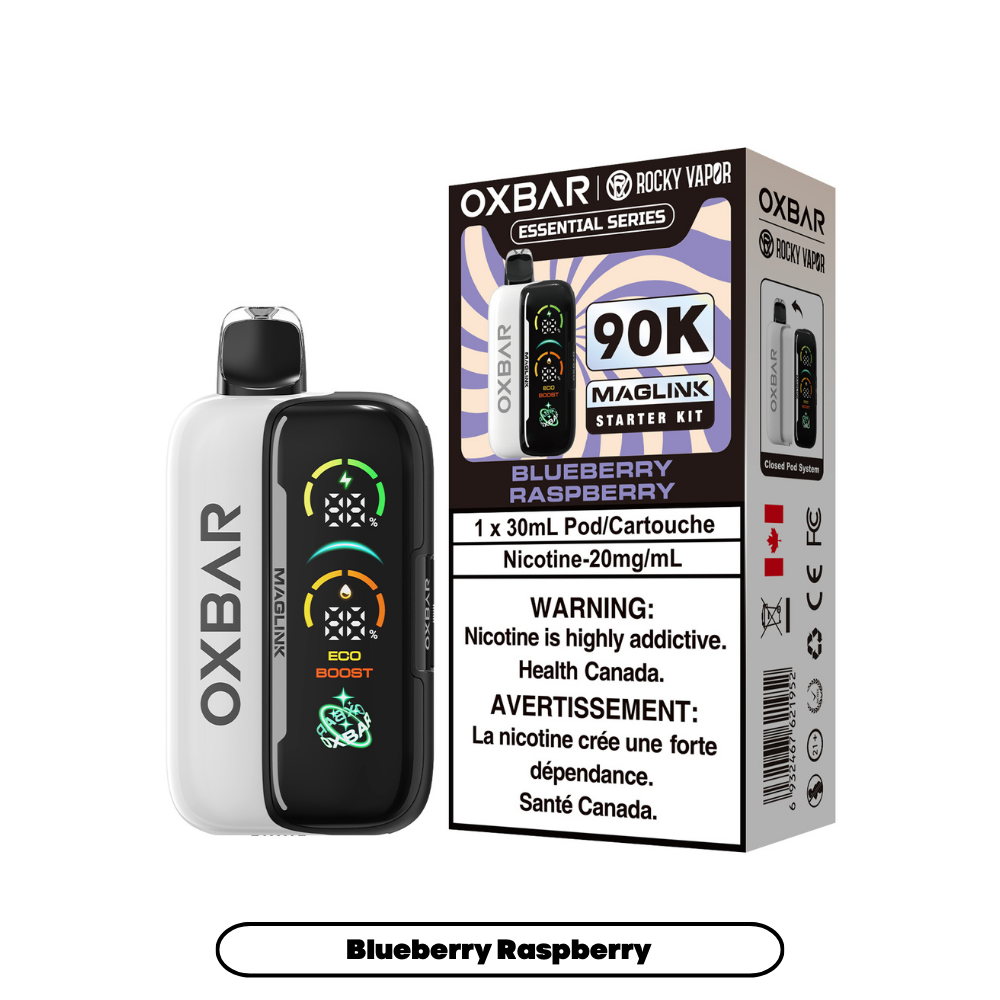 Rocky Vapor Oxbar Megalink Blueberry Raspberry 90K on white background
