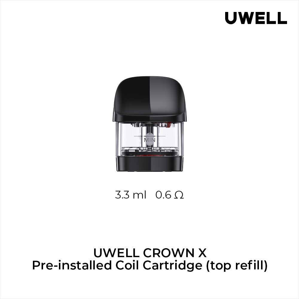 UWELL Crown X pre-installed coil cartridge on a white background