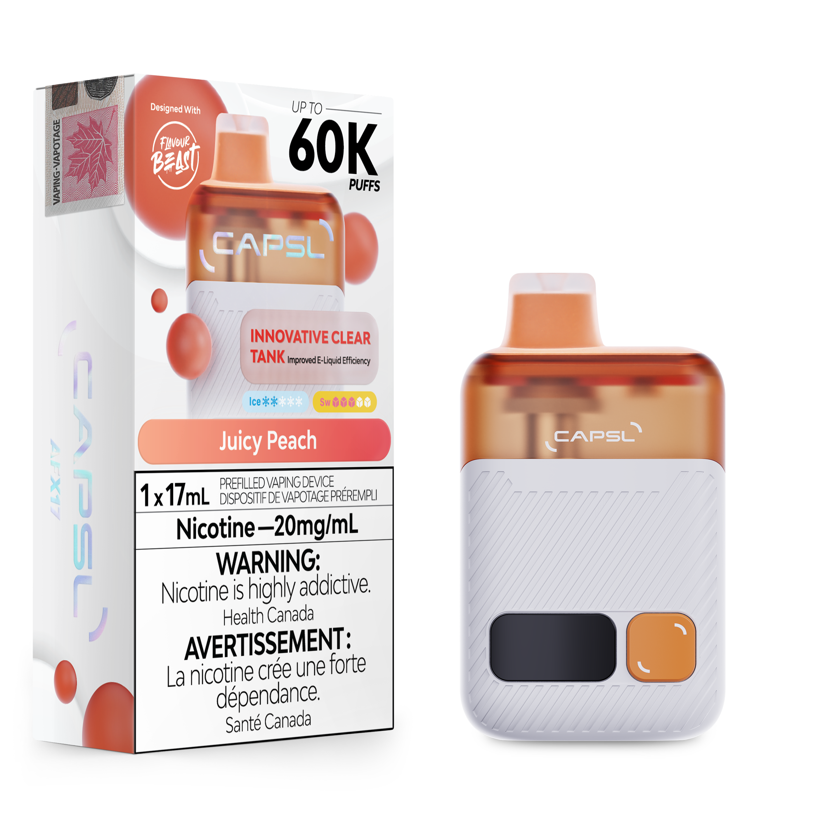 CAPSL AFX17 Disposable Vape in Juicy Peach flavour - 17mL capacity e-cigarette.